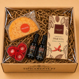 Panier de fromages épicés (400 g), vin de Porto Tawny et tablette de chocolat artisanal au piment