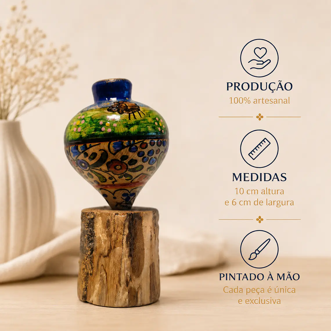 Pião pintado à mão com base de madeira 1