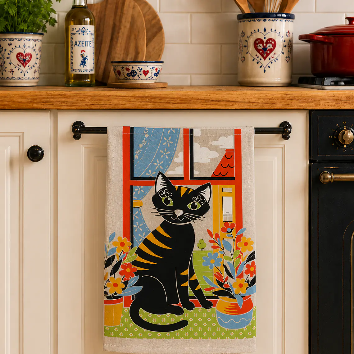 Pano de Prato Regional em Sarja – Gato na Janela (50x70 cm) 1