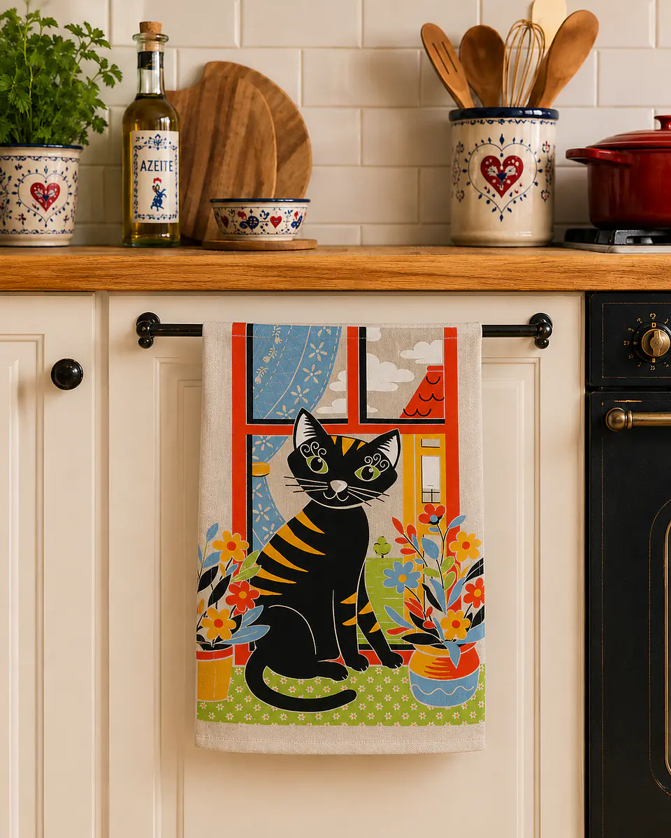 Pano de Prato Regional em Sarja – Gato na Janela (50x70 cm) 1