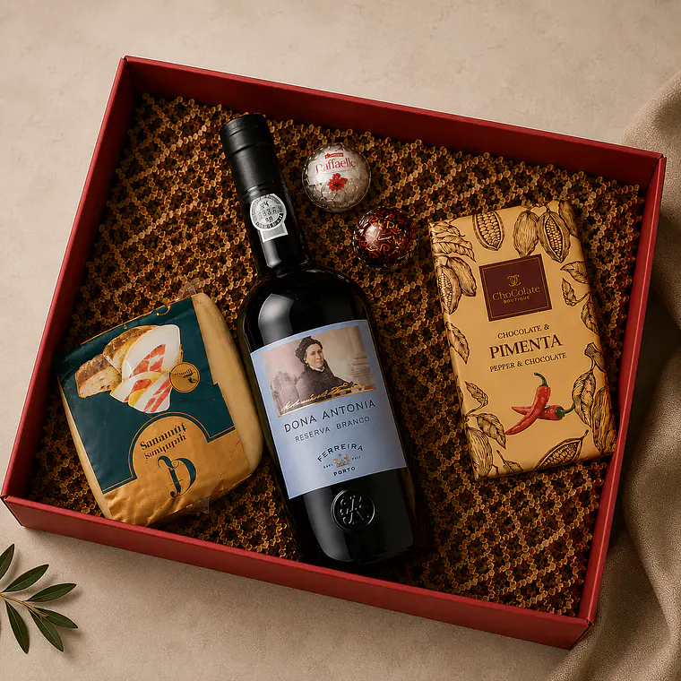 Panier spécial avec vin, fromage et chocolat. 2