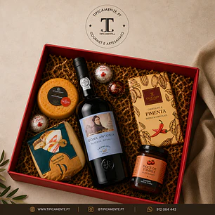 Special basket with wine, cheese and chocolate.