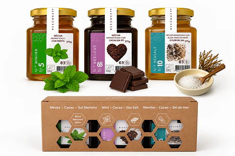 Mini pack de néctar orgánico con sabor (menta, chocolate y flor de sal)