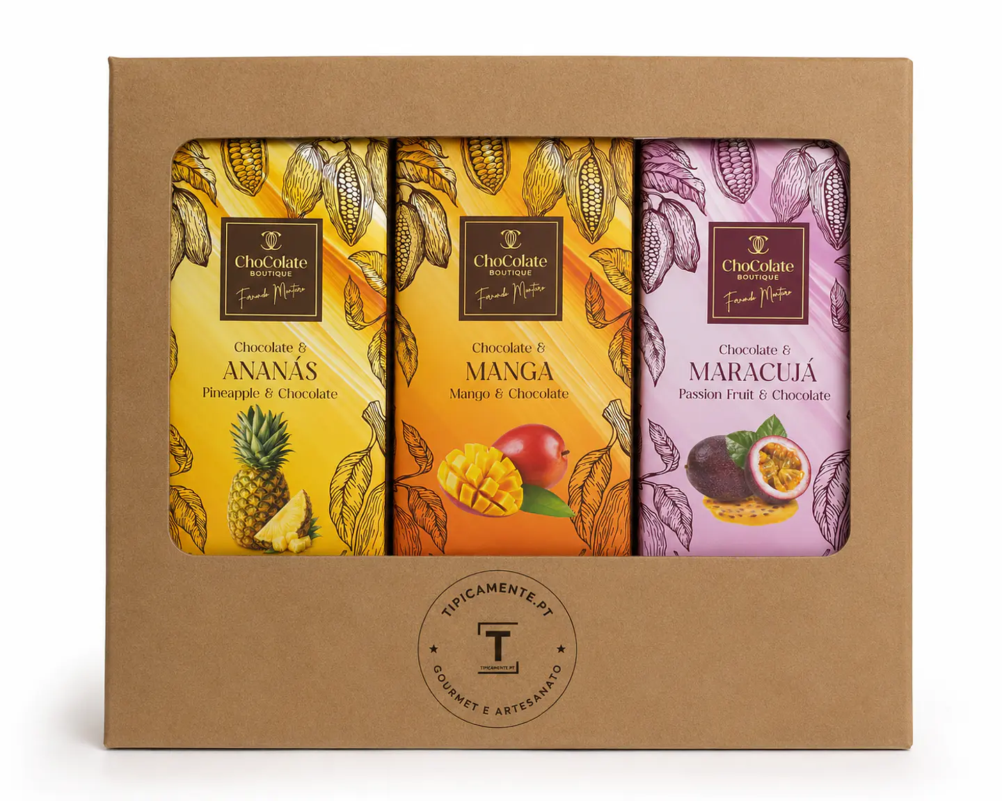 Paquet de chocolats aux saveurs tropicales : ananas, fruit de la passion et mangue. 1