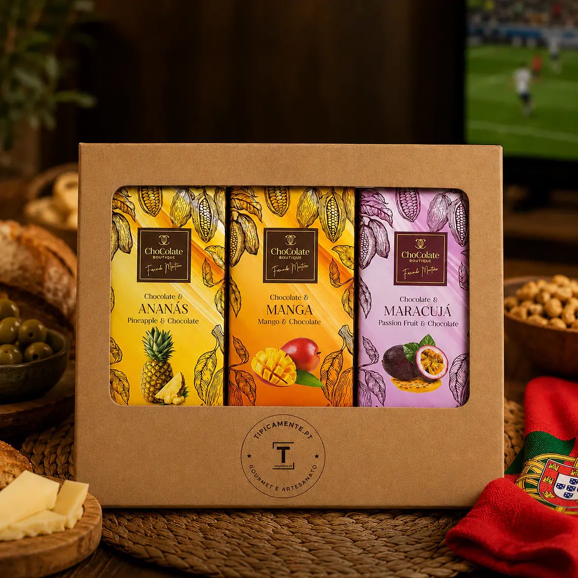 Package of chocolates with tropical flavors: pineapple, passion fruit, and mango. 2
