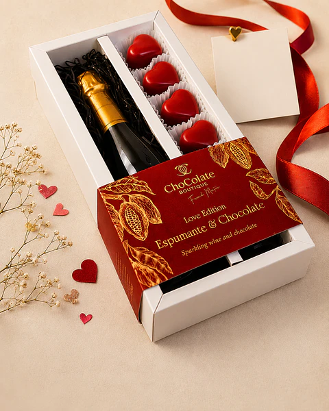 Coffret avec cœurs pralinés + vin mousseux doux
