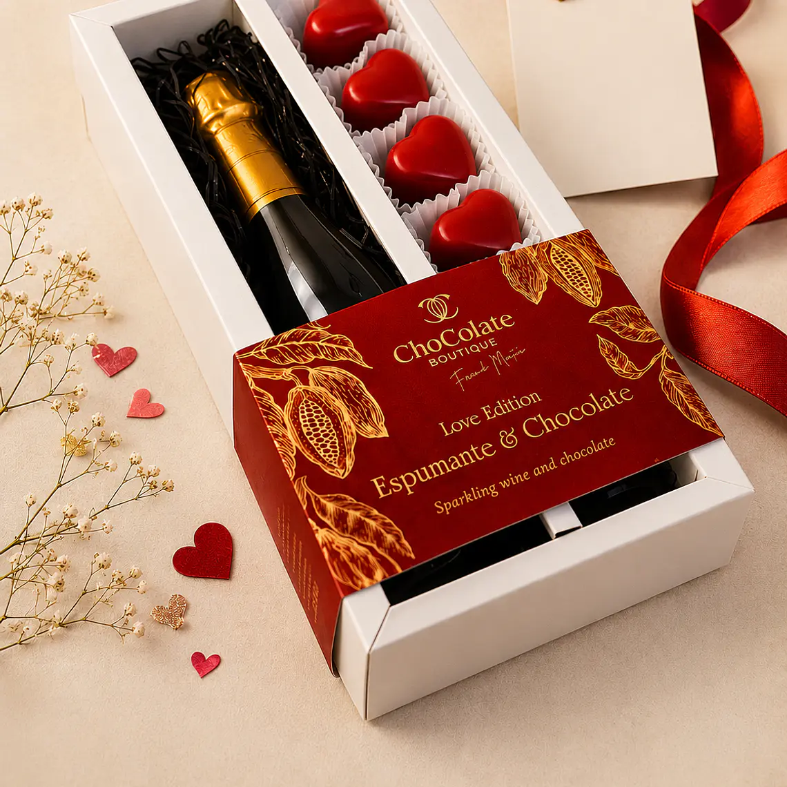 Caixa com corações Praliné + Espumante Doce 1