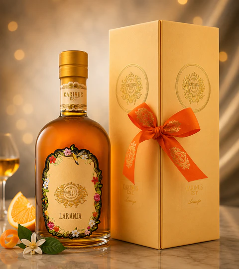 Liqueur d'orange 500 ml dans un coffret cadeau avec un ruban.