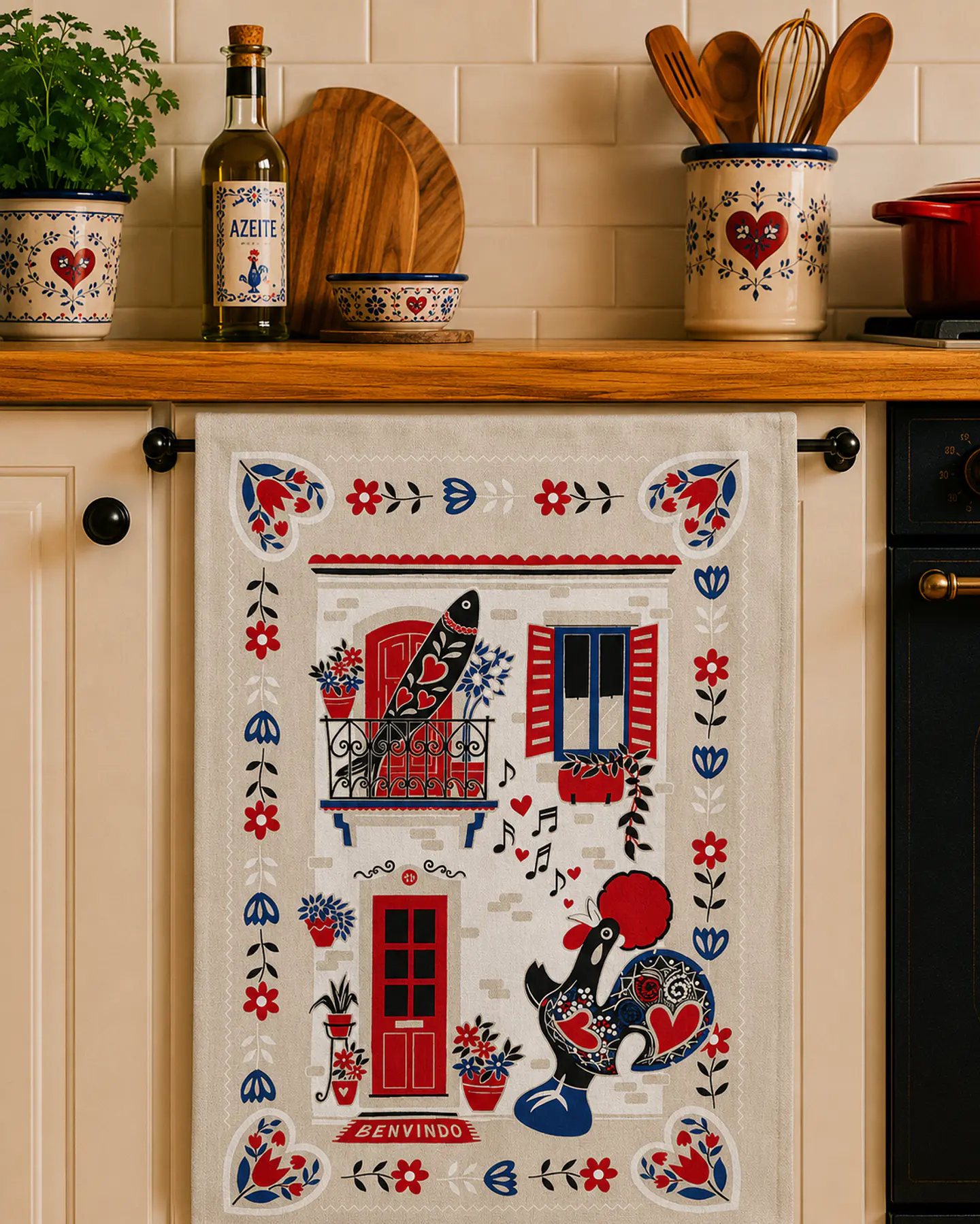 Paños de cocina de algodón con diseño de gallo de Barcelos, para balcones y ventanas. 1