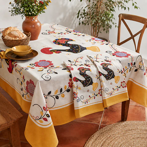 Paquete de 2 manteles regionales con diseño de gallo de Barcelos + 2 paños de cocina