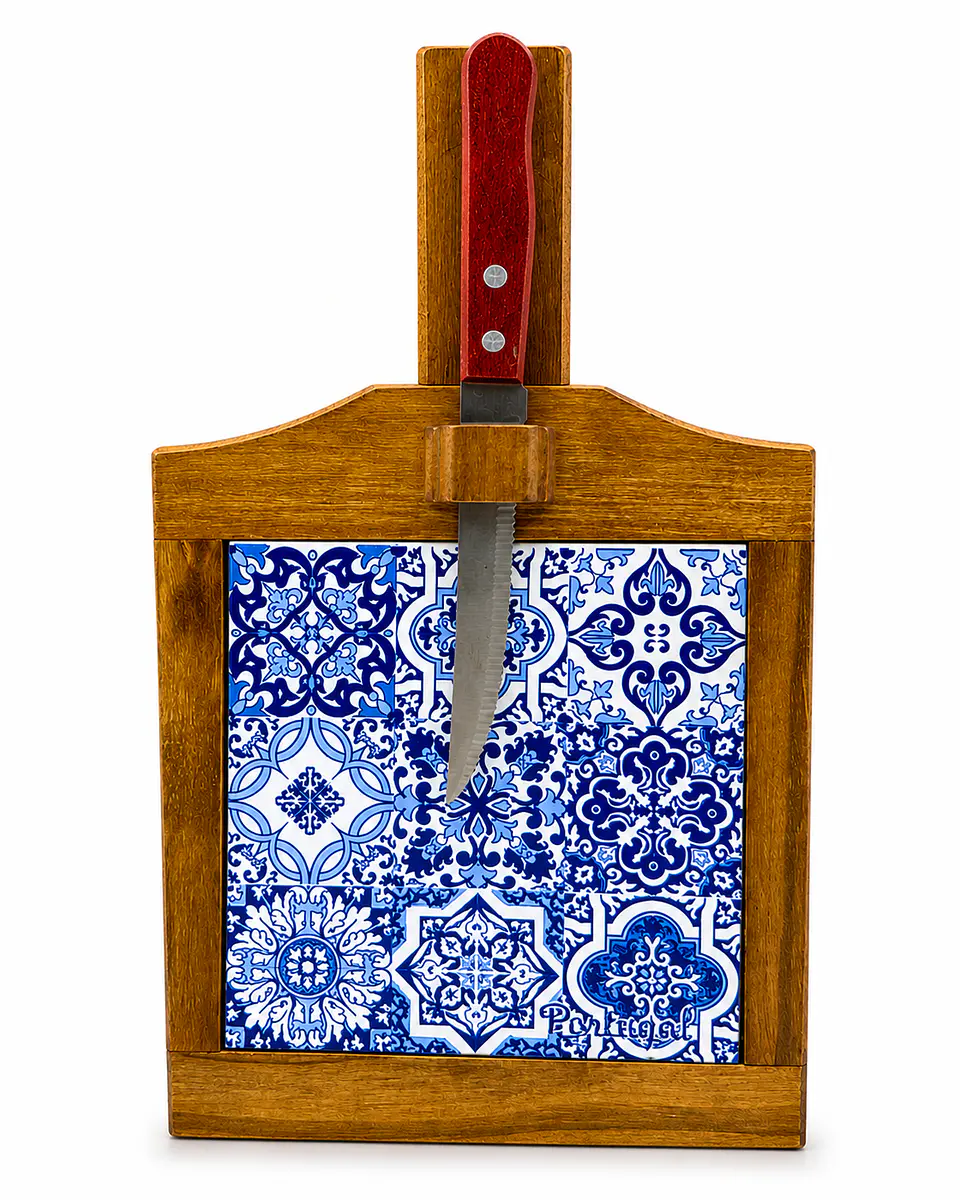 Tábua para Petiscos com Faca Integrada e Azulejos Portugueses 15 cm  1