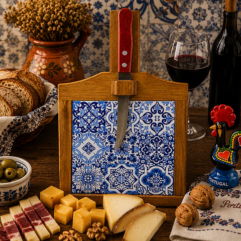 Tábua para Petiscos com Faca Integrada e Azulejos Portugueses 15 cm 