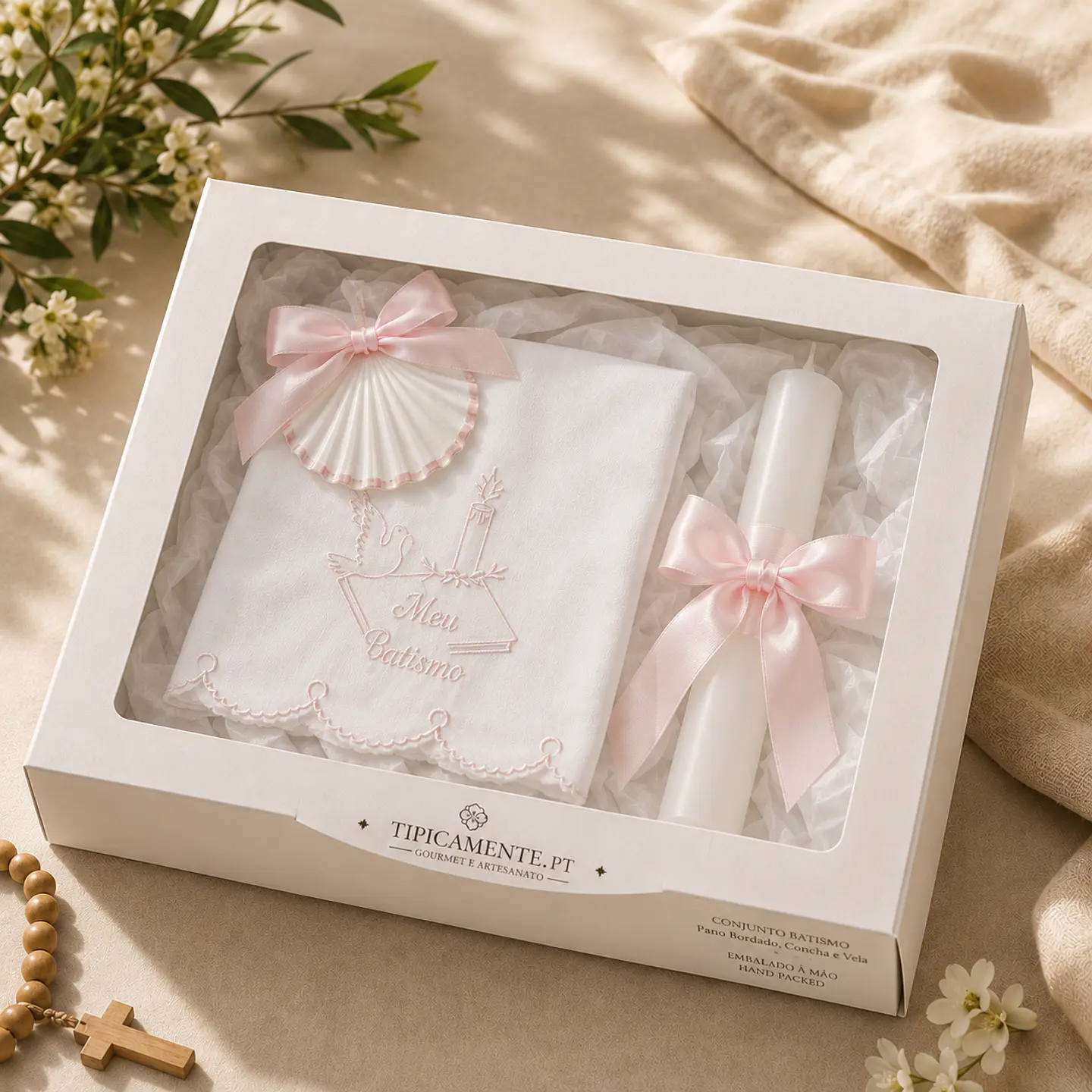 Baptism Set – Embroidered Towel, Shell and Candle 5