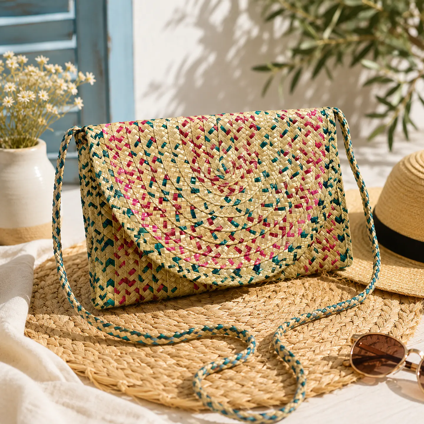 Handmade palm leaf pouch with strap 1