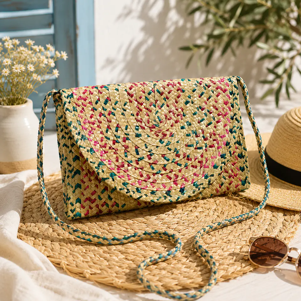 Handmade palm leaf pouch with strap 1