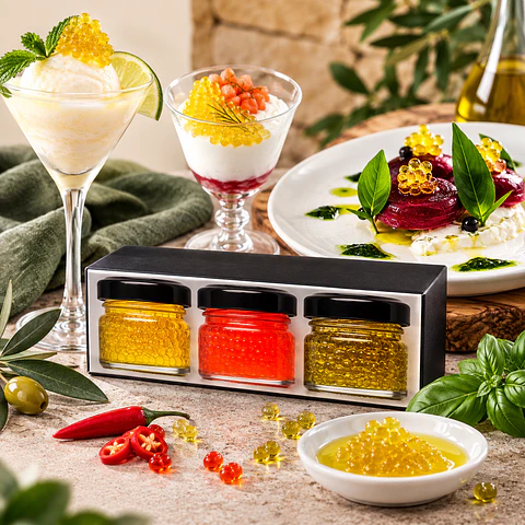 Olive Oil, Basil, and Chili Pepper Caviar | Pack of 3 × 20 g
