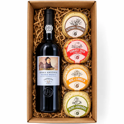 Cesta de vino de Oporto blanco Reserva y degustación de 4 quesos aromatizados