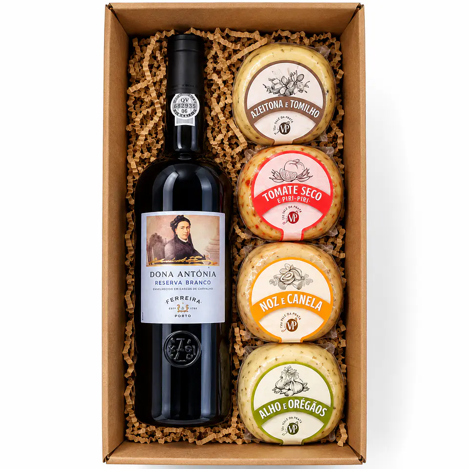 Cabaz Vinho do Porto Branco Reserva e degustação de 4 queijos aromatizados 1