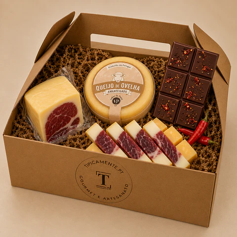 Cesta gourmet: quesos portugueses y chocolate con pimienta.