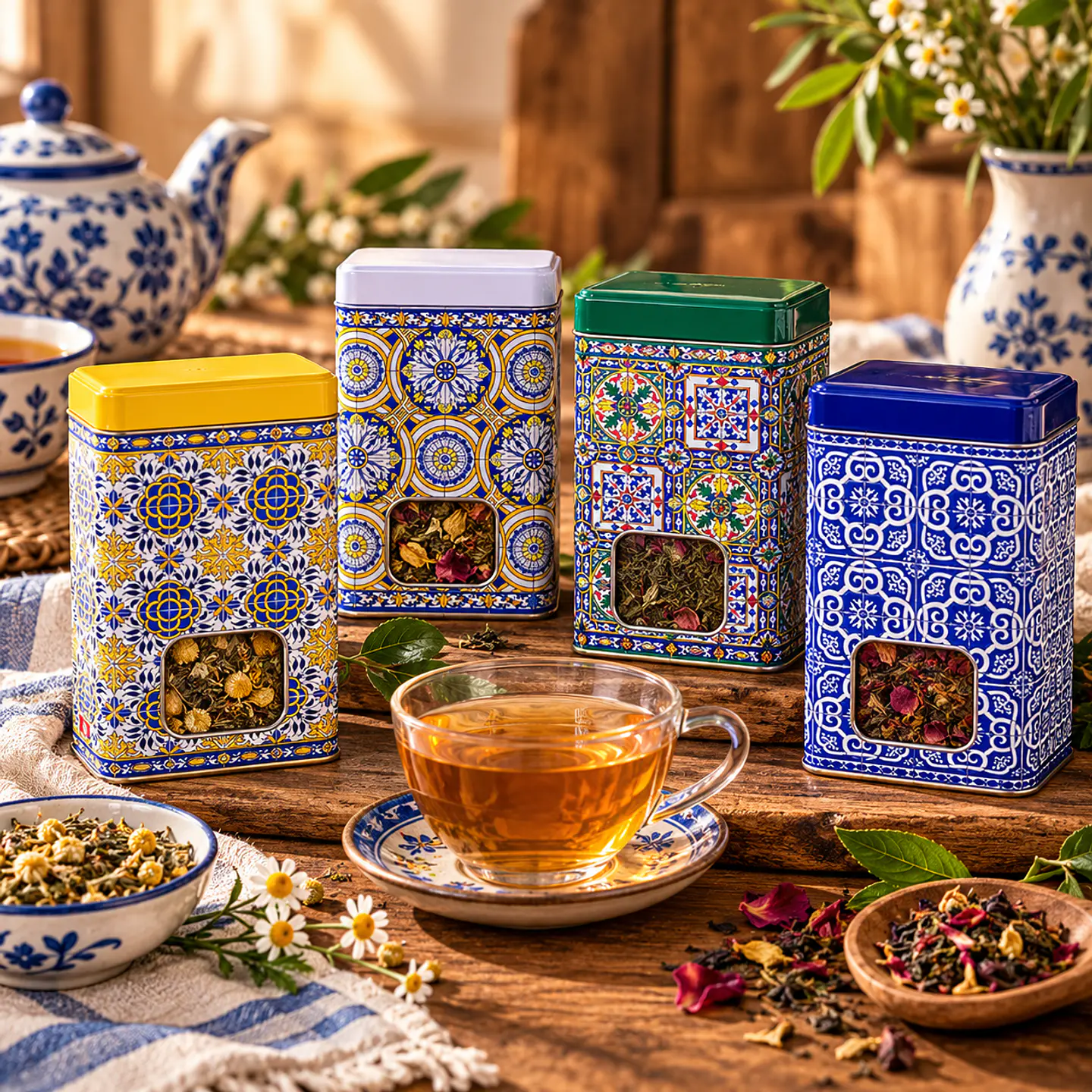 Latas de chá com motivos portugueses 1