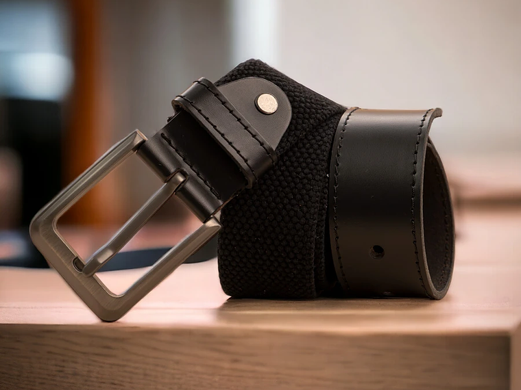 Cinturón para hombre en lona de algodón con puntera en cuero y hebilla mate color negro  1
