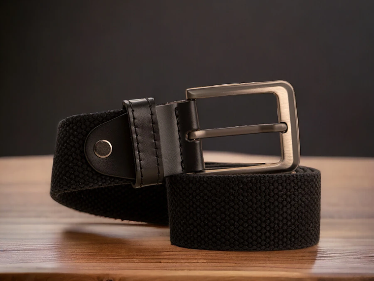 Cinturón para hombre en lona de algodón con puntera en cuero y hebilla mate color negro  3