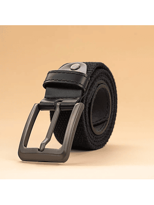 Cinturón para hombre en lona de algodón con puntera en cuero y hebilla mate color indigo