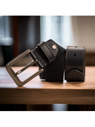 Cinturón para hombre en lona de algodón con puntera en cuero y hebilla mate color indigo