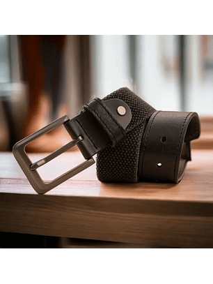 Cinturón para hombre en lona de algodón con puntera en cuero y hebilla mate color gris 