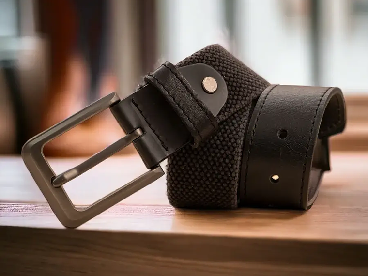 Cinturón para hombre en lona de algodón con puntera en cuero y hebilla mate color gris  1