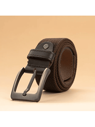 Cinturón para hombre en lona de algodón con puntera en cuero y hebilla mate color café 