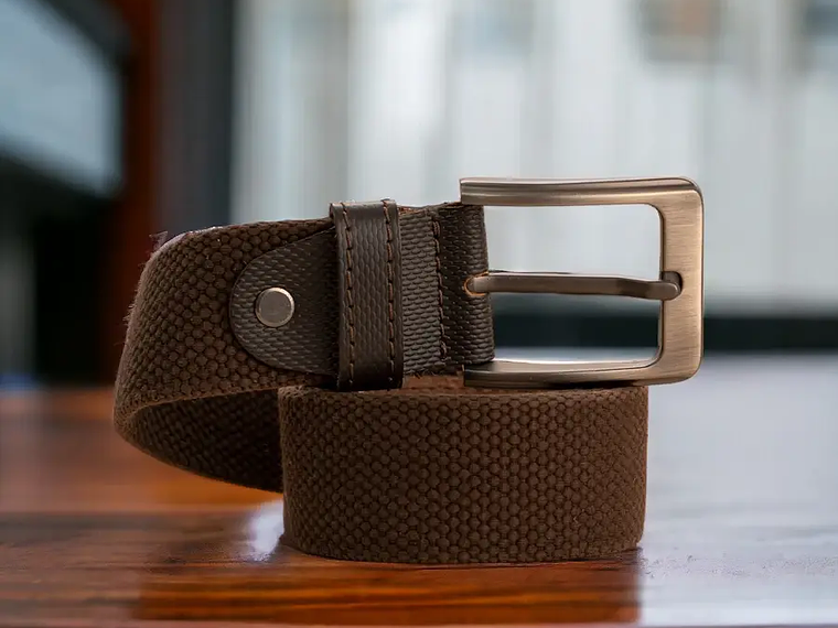 Cinturón para hombre en lona de algodón con puntera en cuero y hebilla mate color café  3