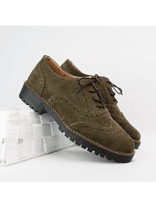 Zapatos Oxford de mujer en cuero carnaza color verde oliva