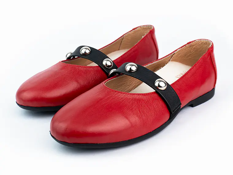 Bailarinas para mujer en cuero liso con taches – LIRIA - Color Rojo  2