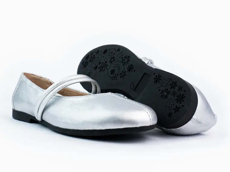 Bailarinas para mujer en cuero liso con cinta – LIRIA - Color Silver 3