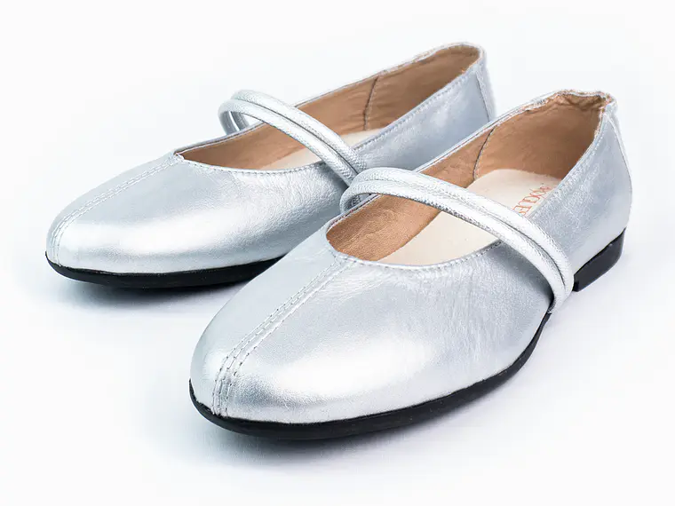 Bailarinas para mujer en cuero liso con cinta – LIRIA - Color Silver 2