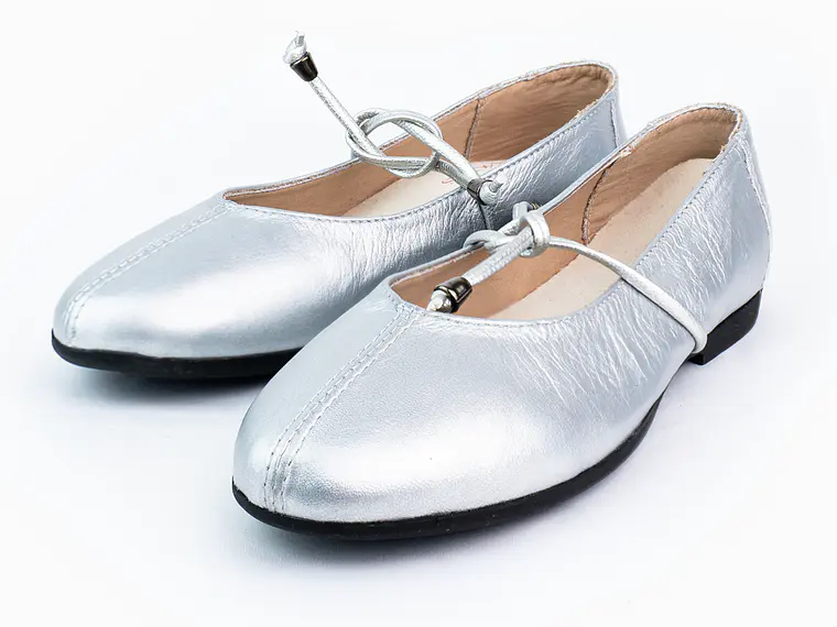 Bailarinas para mujer en cuero liso con cordón – LIRIA - Color Silver 3