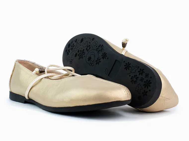 Bailarinas para mujer en cuero liso con cordón – LIRIA - Color Dorado-  2