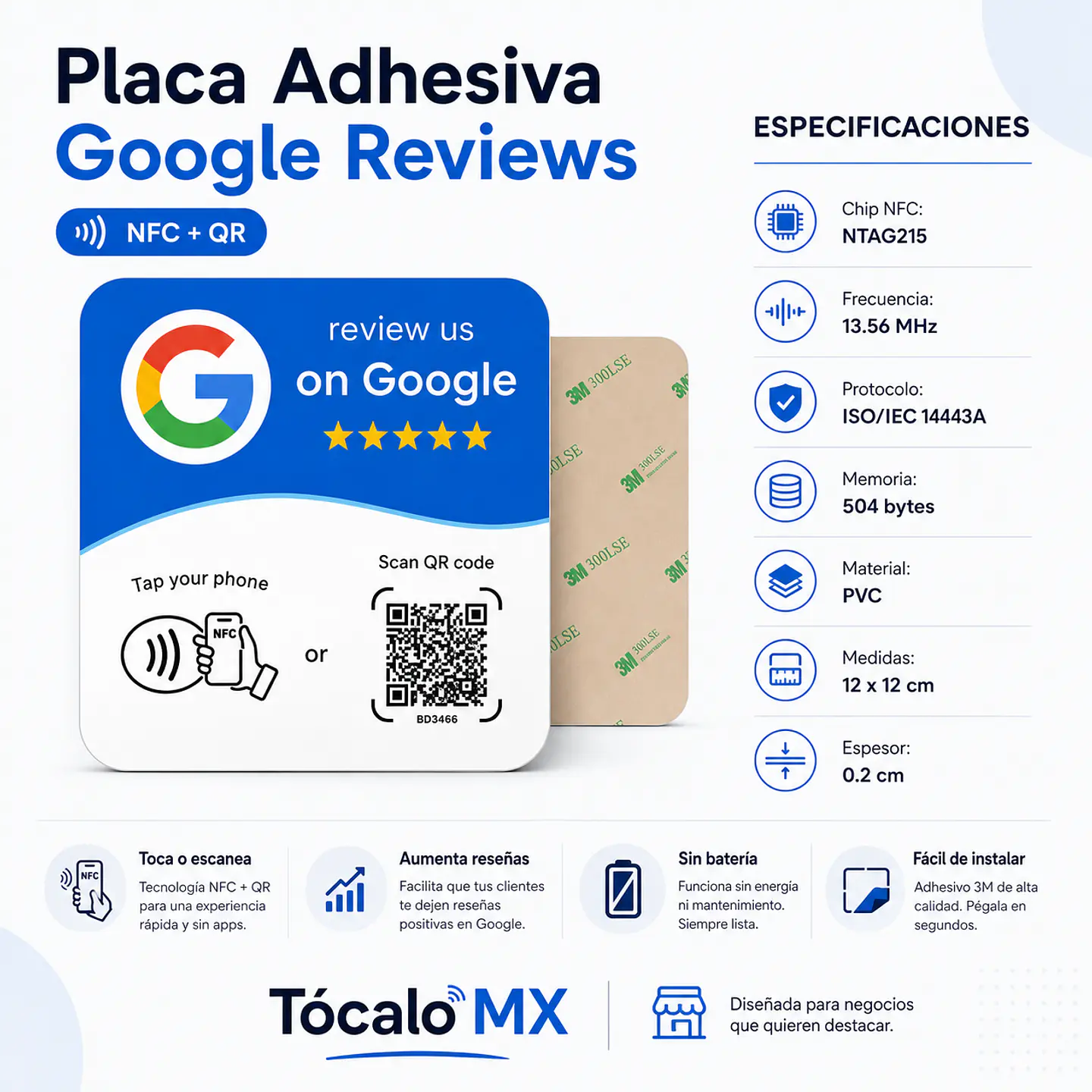 Placa Adherible para Google Reviews | NFC + QR 2
