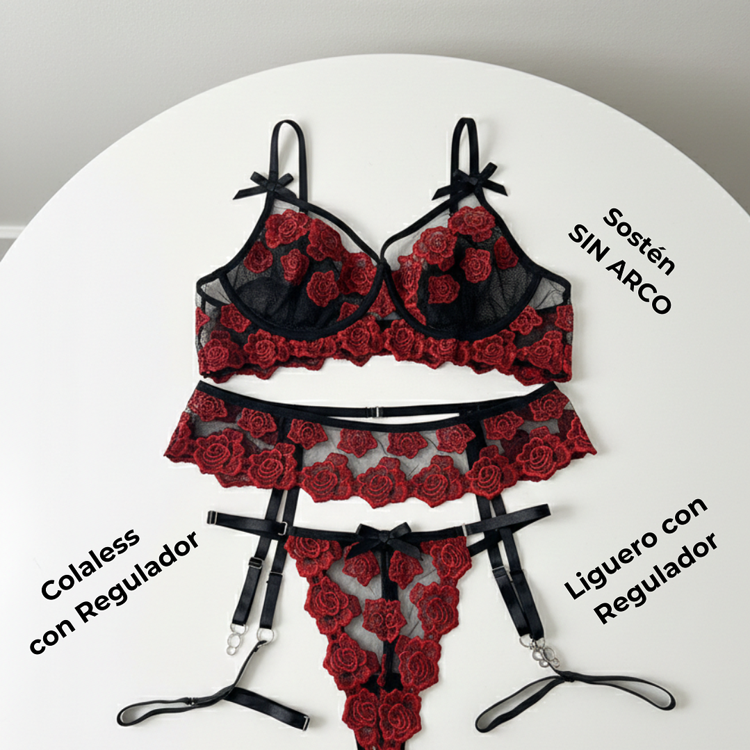 Set De Lencería Rojo Rosas #709 3