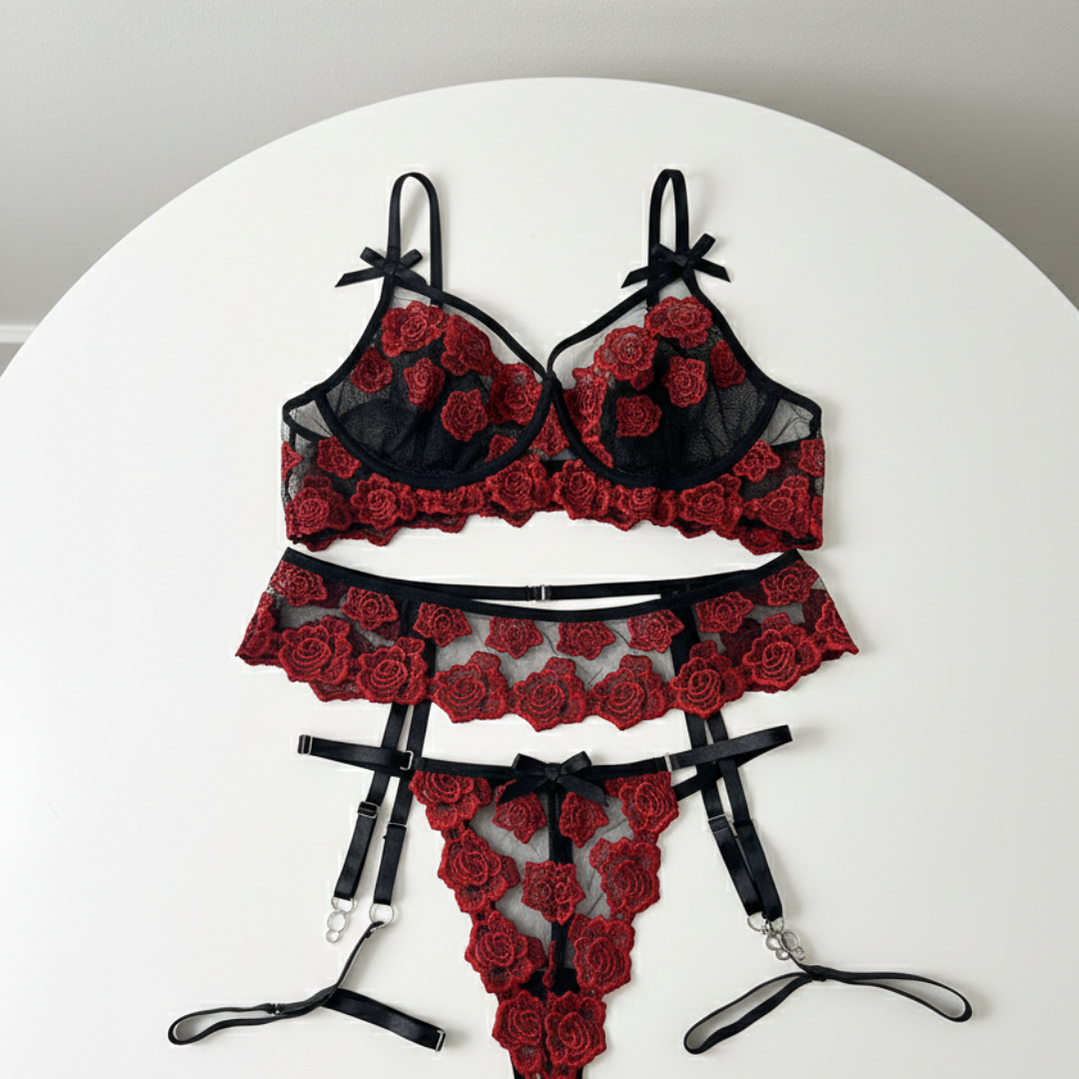 Set De Lencería Rojo Rosas #709 4
