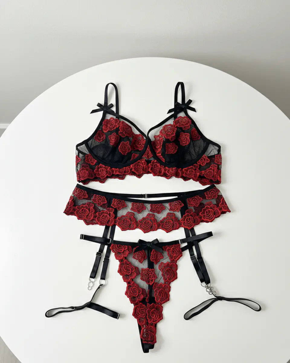Set De Lencería Rojo Rosas #709 4