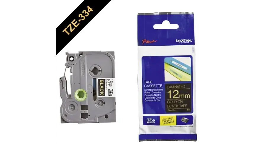 Brother TZe-334 | Cinta Etiqueta Negra - Texto Dorado 1