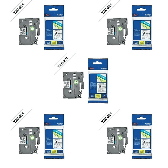 Pack 5 x Brother TZe-221 | Cinta Etiqueta Blanca - Texto Negro