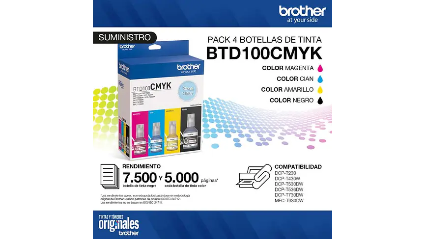 Brother Pack 4 Colores BTD100 C/M/Y/BK | Tinta Original 4