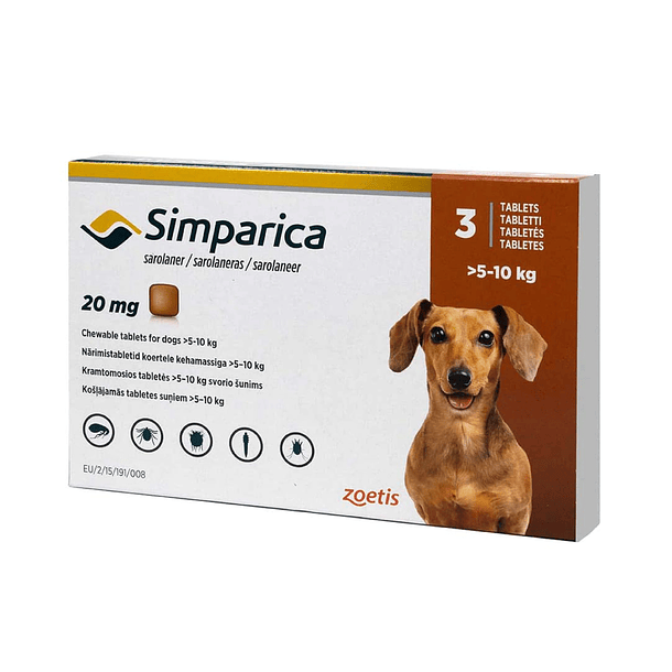 Simparica 20 mg Antiparasitario Externo para Perros de 5 a 10 kg – Pack 3 Comprimidos Masticables