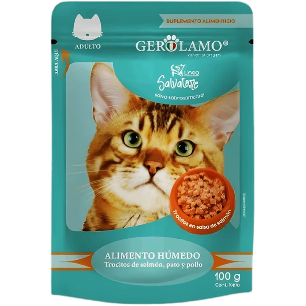 Gerolamo Salvatore Snack para Gato Pouch Trocitos en Salsa Sabor Salmón 100gr - Snack humedo para Gatos Adultos