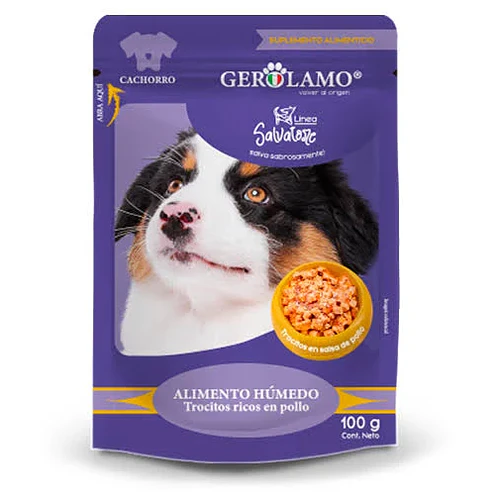 Gerolamo Salvatore Snack para Cachorro Pouch Trocitos en Salsa Sabor Pollo 100gr - Snack Humedo para Perro Cachorro
