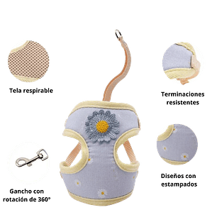 Arnés azulado con flores para gato con flor blanca talla S