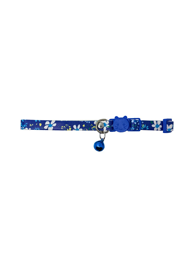 Wonder Cat Collar Antiahorque Cuerina Azul con Flores 1